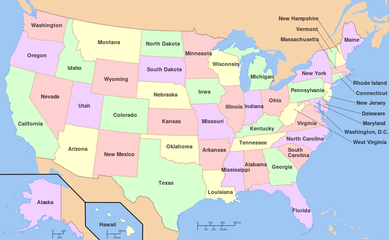 Labled map of the united states including hawaii and alaska imposed in the corner